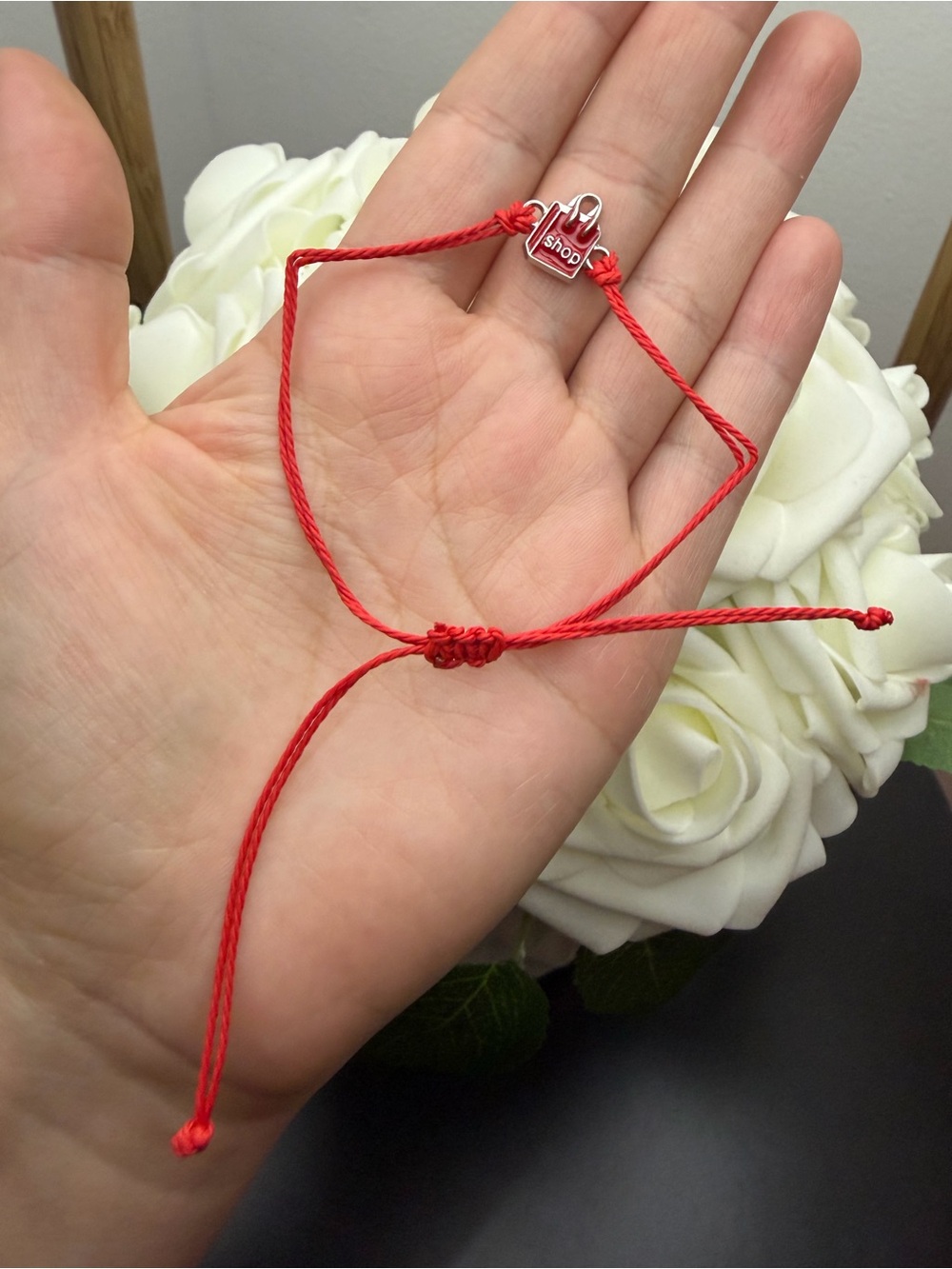 Red Adjustable Cord Bracelet with Shopping Bag Charm